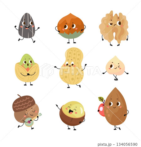 Nuts characters. Funny seed nut different poses and cute emotional faces. Cartoon beans, pistachio, acorn, peanut. Healthy food, snacks to go, nowaday vector set Nuts characters. Funny seed nut different poses and cute emotional faces. Cartoon beans, pistachio, acorn, peanut. Healthy food, snacks to go, nowaday vector set 134056590