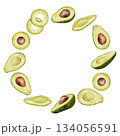 Circle half avocado wreath. Watercolor fruit leaves and flowers illustration. Hand drawn botanical drawing. Green plant on isolated background for food, cosmetic packaging design, card 134056591