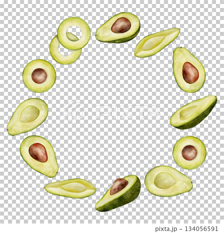 Circle half avocado wreath. Watercolor fruit leaves and flowers illustration. Hand drawn botanical drawing. Green plant on isolated background for food, cosmetic packaging design, card Circle half avocado wreath. Watercolor fruit leaves and flowers illustration. Hand drawn botanical drawing. Green plant on isolated background for food, cosmetic packaging design, card 134056591