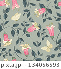Seamless pattern with Canberra bells flowers on olive background. Pink spring flower with butterfly. Floral background for wedding card, invitation, bed linen, ornament, women's Day 134056593