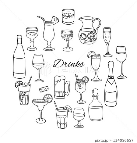 Alcoholic Drink set. Cocktails, wine, whiskey, cognac, champagne. Hand drawn Vector illustration in Doodle style. For restaurant menus, cards and graphic design projects. Alcoholic Drink set. Cocktails, wine, whiskey, cognac, champagne. Hand drawn Vector illustration in Doodle style. For restaurant menus, cards and graphic design projects. 134056657