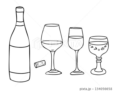 Wine Set. White, red and roman wine glasses and bottle with cork. Hand drawn Vector illustration, line art in Doodle style. For Bar menu, logo, cards and posters. 134056658