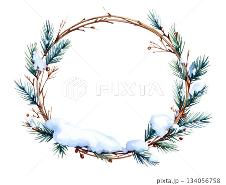雪の積もった小枝のリース　水彩イラスト 134056758