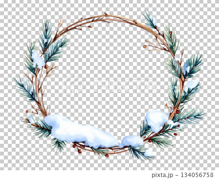 雪の積もった小枝のリース　水彩イラスト 134056758