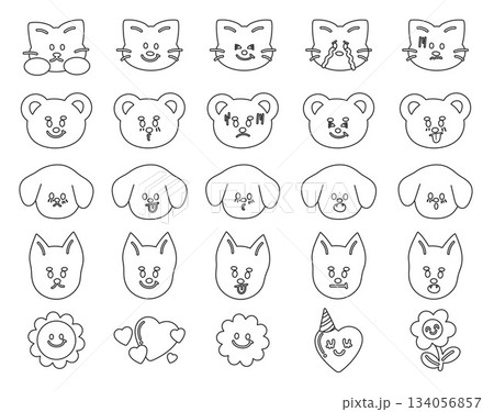 Cute vector outlines of puppy and cat expressions, flowers, heart for cartoon characters, comic, animals, pet shop, vet, emoji, mood, feelings, emotion, emoticon, Valentine's day, patch, kid colouring 134056857