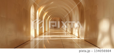 Sunlit terracotta hallway with marble textures 134056984