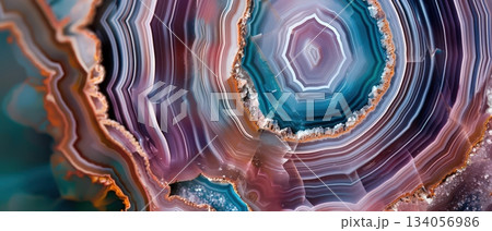 Colorful polished agate stone cross section 134056986