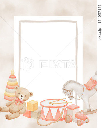Watercolor frame template with rocking horse and vintage toys on pastel neutral colors. Border for baby shower or birthday cards. Hand drawn illustration for newborn invitations. 134057121