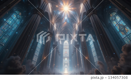 Cathedral Interior with Galactic Stained Glass Windows and Heavenly Light Cathedral Interior with Galactic Stained Glass Windows and Heavenly Light 134057308