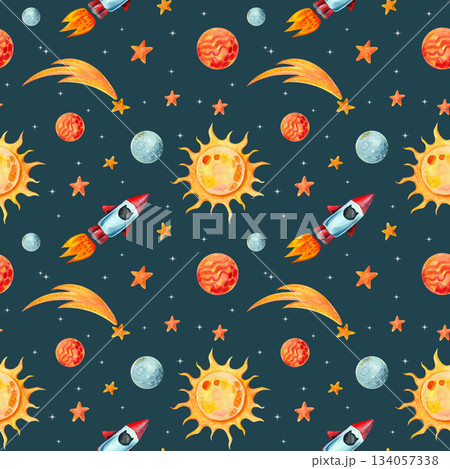 A seamless, vibrant, space-themed watercolor pattern on a dark blue background for children's textiles, holiday packaging, and other designs. 134057338