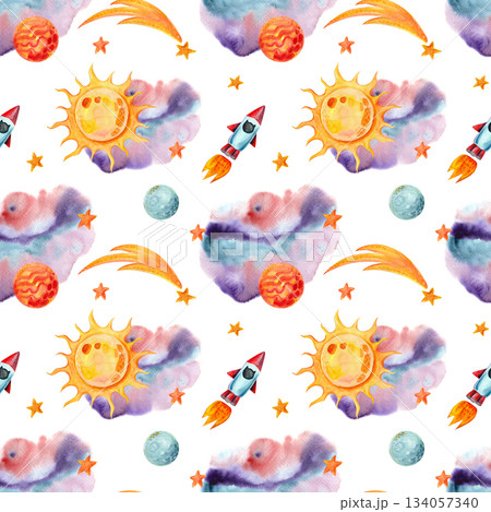 A space-themed seamless pattern on a white background with watercolor purple streaks for children's textiles, holiday packaging, and other designs. 134057340