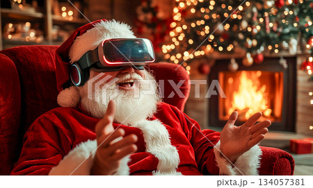 Santa Claus wearing virtual reality glasses, relaxing in a cozy environment.	 134057381