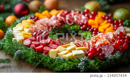 A New Year's or Christmas-themed arrangement featuring a variety of cheeses, sausages, fruits, and berries, arranged in a wreath on a wooden surface.	 134057434