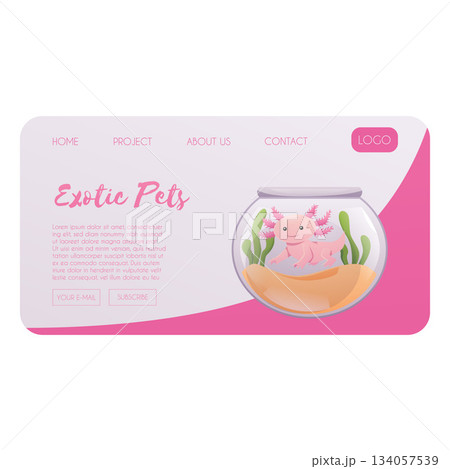 Exotic pets landing page flat vector design, axolotl in the aquarium, cartoon terrarium reptile and amphibian animals Exotic pets landing page flat vector design, axolotl in the aquarium, cartoon terrarium reptile and amphibian animals 134057539