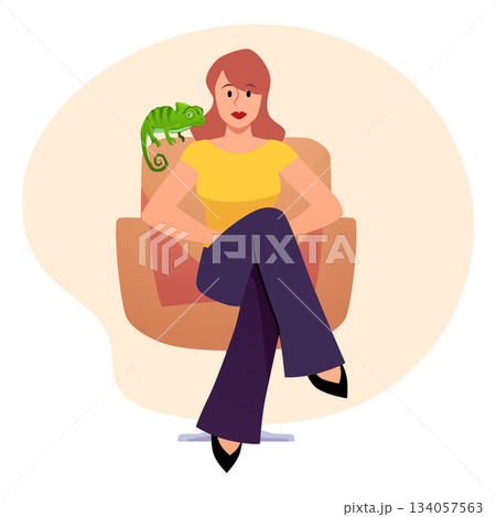 Woman sits in armchair with iguana, exotic guana pet with owner, cartoon tropical lizard, chameleon, animal flat vector Woman sits in armchair with iguana, exotic guana pet with owner, cartoon tropical lizard, chameleon, animal flat vector 134057563