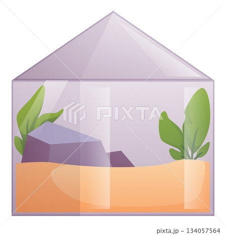 Glass terrarium icon with a lid, sand, rocks, and foliage inside. Glass terrarium icon with a lid, sand, rocks, and foliage inside. 134057564