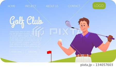 A golf club website page featuring a character, a man with a club and ball. 134057603