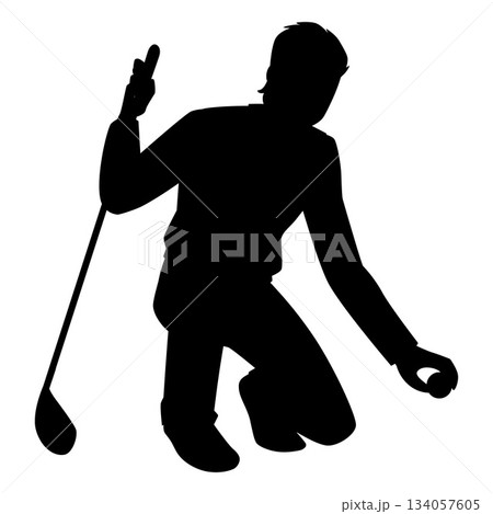 Man playing golf, knelt down with club and ball, sport leisure activity, healthy hobby vector black silhouette 134057605