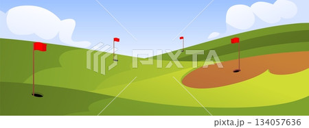 Daytime landscape of a rolling golf course with flags, holes, and a blue sky. Daytime landscape of a rolling golf course with flags, holes, and a blue sky. 134057636