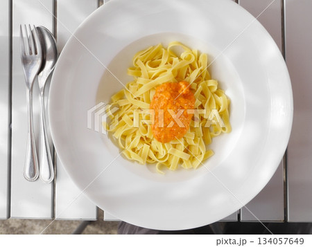 Plate of pasta with a sauce on top 134057649