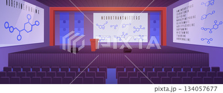 Lecture hall in university or college, vector flat empty auditorium class with medical science presentation on screens 134057677