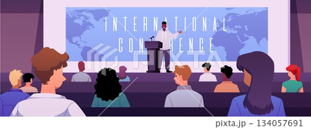 A lecture hall with a speaker on stage, a world map on the screen, and an audience. 134057691