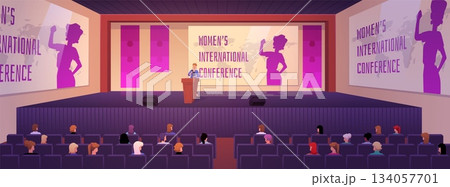 Women international conference, woman speaker speaks on stage in front audience, vector flat illustration female meeting Women international conference, woman speaker speaks on stage in front audience, vector flat illustration female meeting 134057701