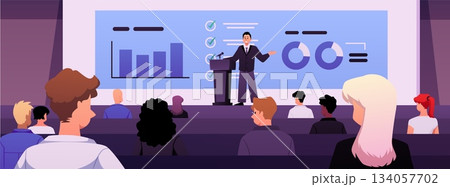Lecture hall background with a speaker at the podium, a screen with graphs, and an audience. 134057702
