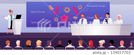 Doctor giving speech on conference, medicine seminar from tribune for audience, viruses molecules, science seminar 134057703