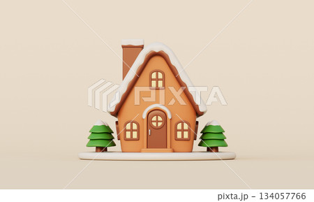 Cozy Winter Snowy House with Tree. 3D Rendering. 134057766