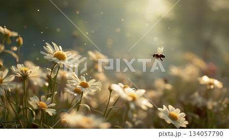 Bee flying towards daisy exploring spring nature. Honeybee approaching a white daisy flower, depicting pollination and a warm spring atmosphere 134057790