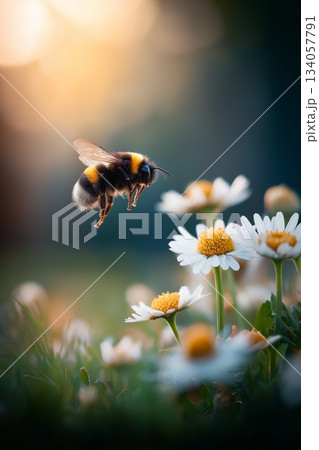 Bee flying towards daisy exploring spring nature. Honeybee approaching a white daisy flower, depicting pollination and a warm spring atmosphere 134057791