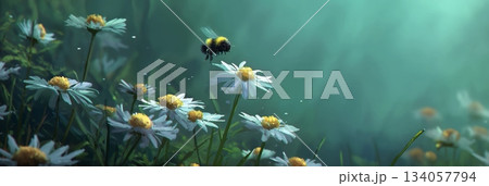 Bee flying towards daisy exploring spring nature. Honeybee approaching a white daisy flower, depicting pollination and a warm spring atmosphere 134057794