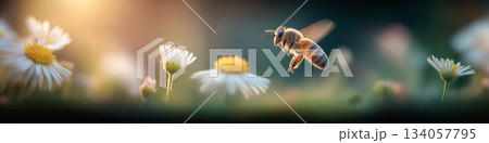 Bee flying towards daisy exploring spring nature. Honeybee approaching a white daisy flower, depicting pollination and a warm spring atmosphere Bee flying towards daisy exploring spring nature. Honeybee approaching a white daisy flower, depicting pollination and a warm spring atmosphere 134057795