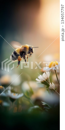 Bee flying towards daisy exploring spring nature. Honeybee approaching a white daisy flower, depicting pollination and a warm spring atmosphere Bee flying towards daisy exploring spring nature. Honeybee approaching a white daisy flower, depicting pollination and a warm spring atmosphere 134057797