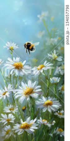 Bee flying towards daisy exploring spring nature. Honeybee approaching a white daisy flower, depicting pollination and a warm spring atmosphere Bee flying towards daisy exploring spring nature. Honeybee approaching a white daisy flower, depicting pollination and a warm spring atmosphere 134057798