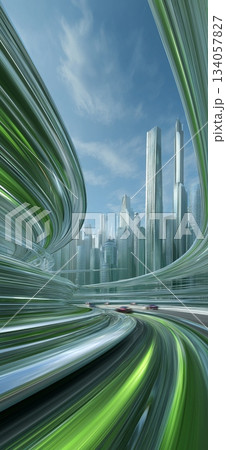 Formula racing cars speeding through futuristic city. Racing cars generating speed blur through a modern urban cityscape, showing dynamic action 134057827