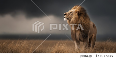 Lion standing in savanna looking into distance under dark sky. Powerful lion representing leadership, strength, and authority in dry grass 134057835