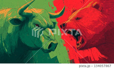 Bull and bear market financial trading concept. Confronting bull and bear representing opposing forces in financial markets and economy Bull and bear market financial trading concept. Confronting bull and bear representing opposing forces in financial markets and economy 134057867