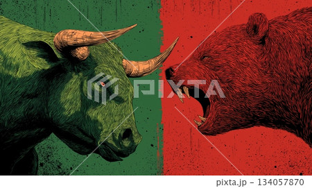 Bull and bear market financial trading concept. Confronting bull and bear representing opposing forces in financial markets and economy 134057870