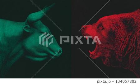 Bull and bear market financial trends concept. Bull and bear symbols depicting contrasting financial market movements and investment strategies Bull and bear market financial trends concept. Bull and bear symbols depicting contrasting financial market movements and investment strategies 134057882