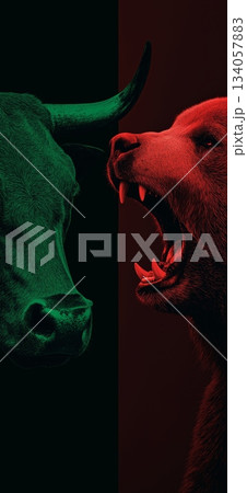 Bull and bear market financial trends concept. Bull and bear symbols depicting contrasting financial market movements and investment strategies Bull and bear market financial trends concept. Bull and bear symbols depicting contrasting financial market movements and investment strategies 134057883