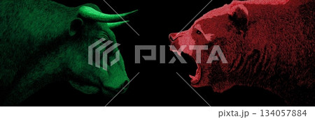 Bull and bear market financial trends concept. Bull and bear symbols depicting contrasting financial market movements and investment strategies Bull and bear market financial trends concept. Bull and bear symbols depicting contrasting financial market movements and investment strategies 134057884