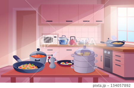 Kitchen. Preparing food on gas stove exact vector boiling and frying processes 134057892