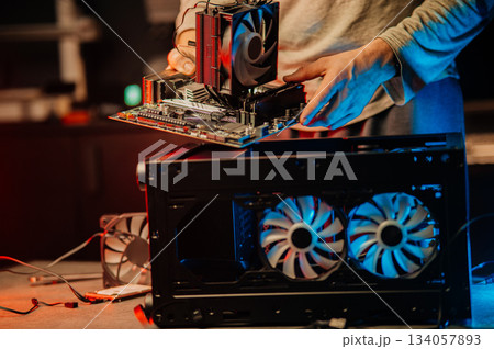 Hardware engineer technology maintenance. Computer chip electronic repair. Man technician pc service flat lay Hardware engineer technology maintenance. Computer chip electronic repair. Man technician pc service flat lay 134057893