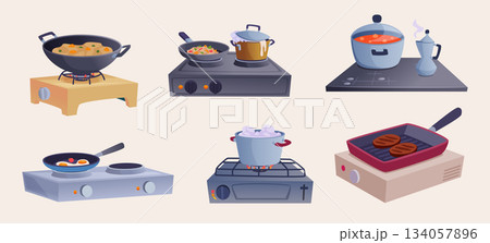 Stove food. Preparing products on stove boiling and frying in pans and pots exact vector kitchen concept set 134057896