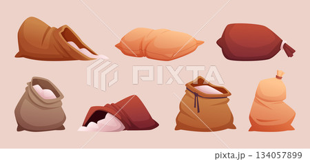 Flour bags. Harvest sacks with flour empty and full exact vector collection Flour bags. Harvest sacks with flour empty and full exact vector collection 134057899