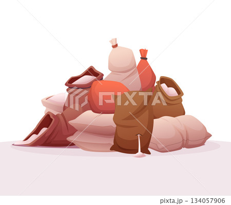 Stack of bags. big hills with opening bags with flour Stack of bags. big hills with opening bags with flour 134057906