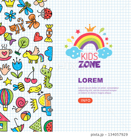 Kids zone. poster with kids drawing pictures. vector background 134057929