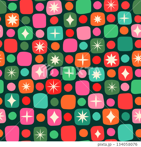 Fun retro squares, dots and sparkles Christmas vector seamless pattern, Cute red, green and pink vintage birthday background for banners and graphic design 134058076